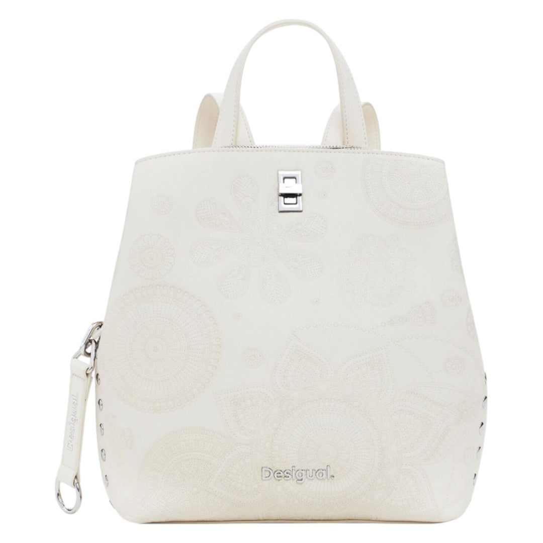 Bolsa Desigual Tipo Mochila Mediana Con Bordado Beige Bordado Plata Beige