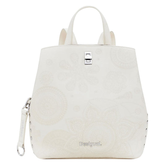 Bolsa Desigual Tipo Mochila Mediana Con Bordado Beige Bordado Plata Beige