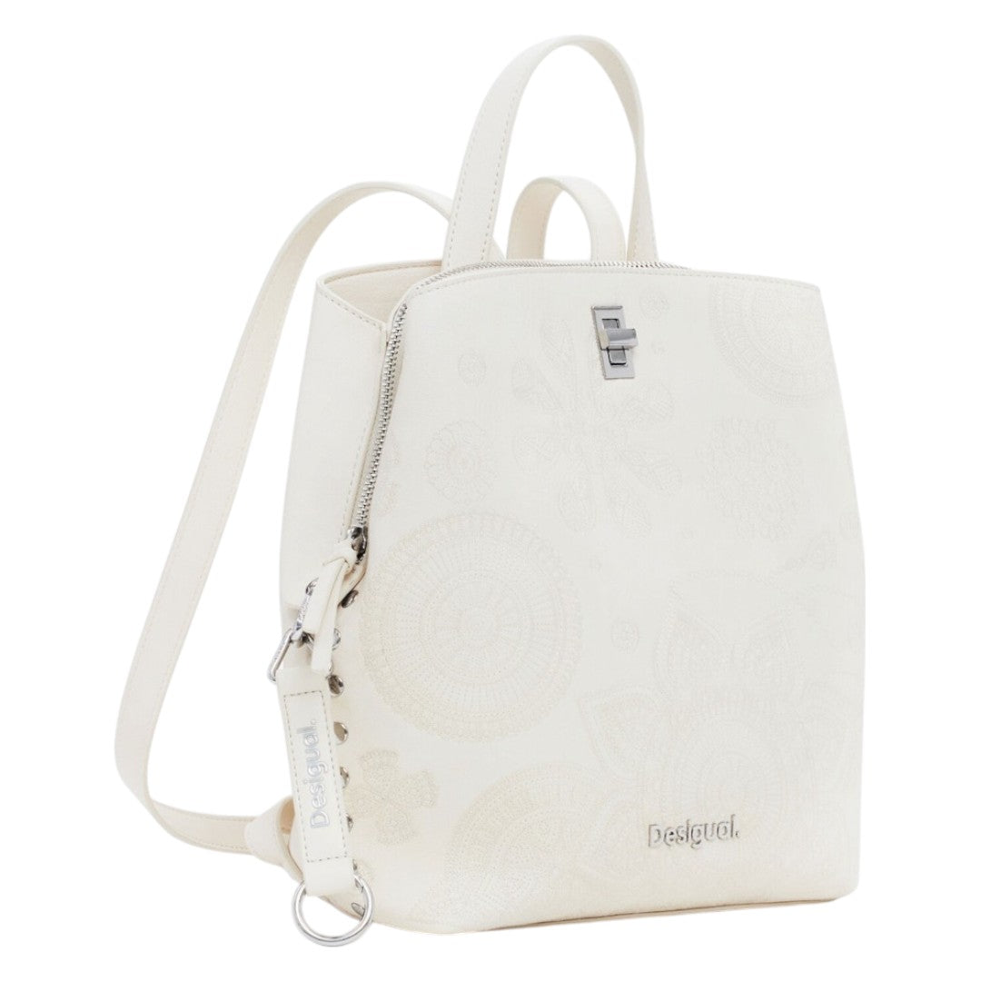 Bolsa Desigual Tipo Mochila Mediana Con Bordado Beige Bordado Plata Beige