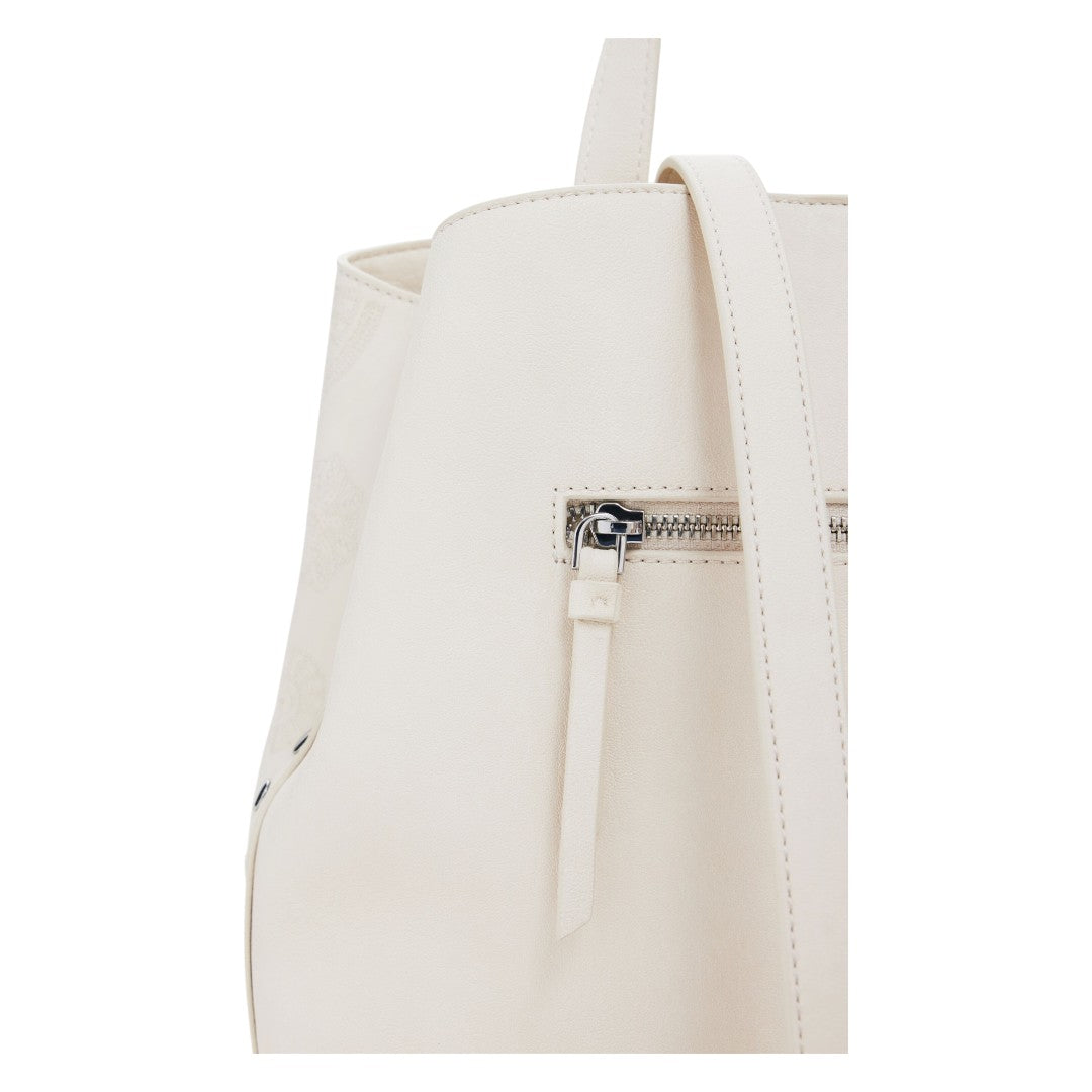 Bolsa Desigual Tipo Mochila Mediana Con Bordado Beige Bordado Plata Beige
